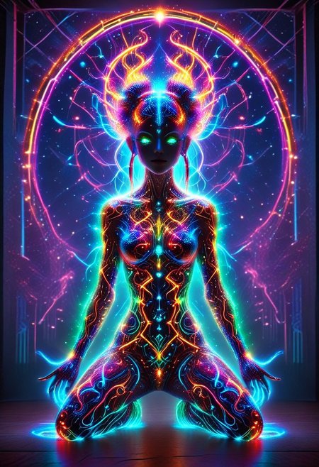 meditation pose, oriental art nouveau, earrings, red lips, planet, looking away, 1girl, necklace, gradient, city lights, purple theme, moon, a full body hi tech fire entity girl with multicolored flames, hindu gods inspiration, geometrical, purple and blue lights, green and blue lightning flames, pink energy electric eyes, professional photography of an fantastical cyber creature made with neon circuit boards, cyberflies