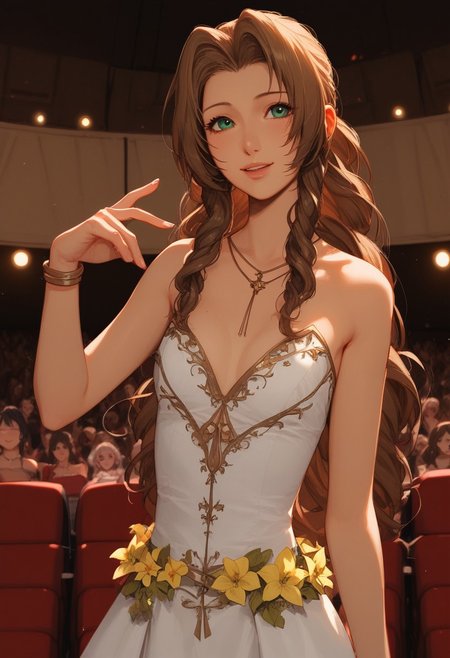 score_9, score_8_up, score_7_up, masterpiece, high quality, ultra detailed, absurdres, Expressiveh,  negative_hand, g0thicPXL, neon BREAK 1girl, solo, FlowerAerith, white dress, strapless dress, long dress, yellow flower belt, hair down, long hair, brown hair, long hair, green eyes, small breasts BREAK singing, posing, sexy BREAK stage, on stage, theatre, theater, theater stage, spotlight