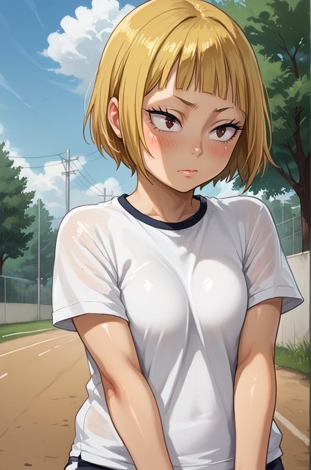 1girl, solo, blush, outdoors, 
 <lora:saekoTanakaXL_LoRA-C3Lier_AdamW_Dim16_Alpha16_UN-3e-4_TE-1.5e-4_10batch_ponyDiffusionV6XL_v6StartWithThisOne:0.8> tanaka saeko \(haikyuu!!\), 1girl, blonde hair, short hair, blunt bangs, brown eyes, , score_9, score_8_up, score_7_up, source anime, (shiny skin:1.20),