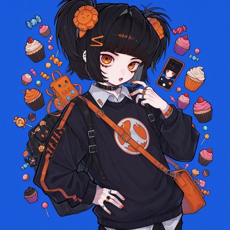 lazypos, tira_maid, bangs, ring, black hair, bag, candy, cupcake, male focus, hand on hip, orange eyes, phone, blue background