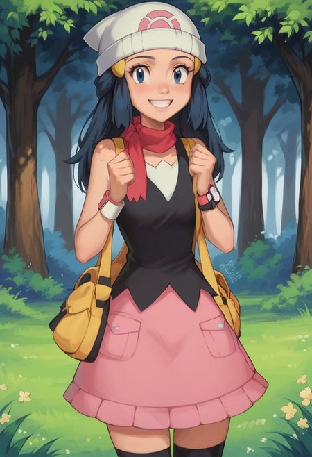 Score_9, score_8_up, score_7_up, rating_safe, solo, 1girl, pokemondawn, pokemon dawn, black hair, blue eyes, sidelocks, long hair, 4RCH0N, bare shoulders, beanie, black shirt, black socks, bracelet, hat, jewelry, kneehighs, miniskirt, pink skirt, red scarf, scarf, shirt, skirt, sleeveless, sleeveless shirt, white headwear, outdoors, happy, smile
