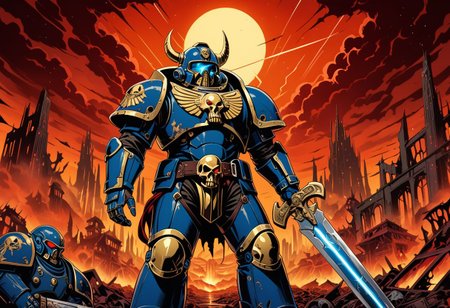 An intricately detailed 4K screencap from a high-budget modern anime production, with clean professional linework and vibrant colors. It depicts a 1man wielding a chainsword on a blasted hellscape, dilapidated ruined city, red skies, wearing a suit of sleek, shiny, gold and blue advanced power armor. warhammer40k, space marine, grimdark, symmetrucal goggles, symmetrical viser, symmetrical helmet, symmetrical armor, forces of chaos, khorn