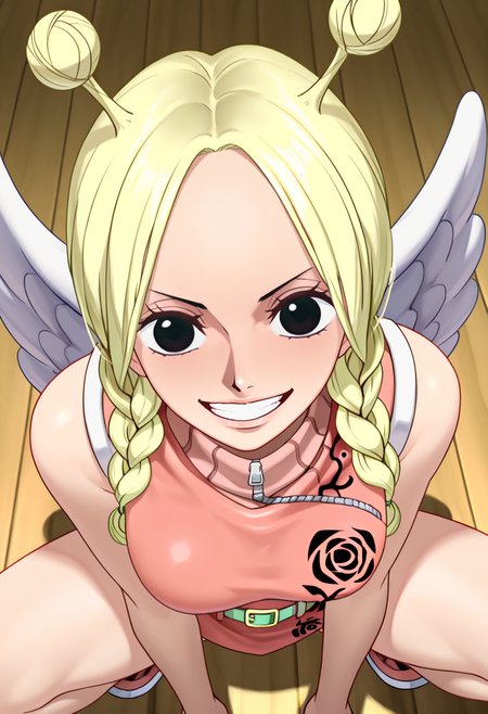 1girl, conis, pink turtleneck dress, green belt, wings, blonde hair, antenna hair, twin braids, braided ponytail, black eyes, squatting, spread legs, looking at viewer, grin, cute, from above, <lora:Conis_ill_v6:1>, very awa, masterpiece, best quality, newest, highres, absurdres,