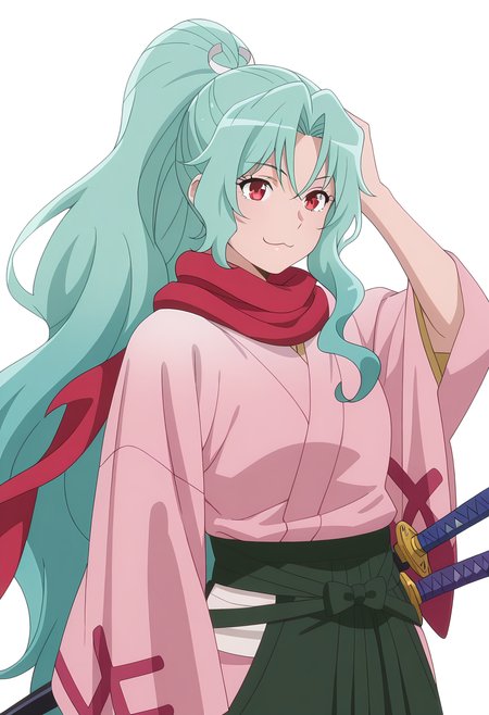 Smooth Quality,masterpiece, ultra realistic,
simple background, white background,
front view,;3,Hand on own head,
 <lora:Tomoecnn:0.8> sofia/cnn, 1girl, long hair, scarf, ponytail, red eyes, japanese clothes, katana, green hair, very long hair,