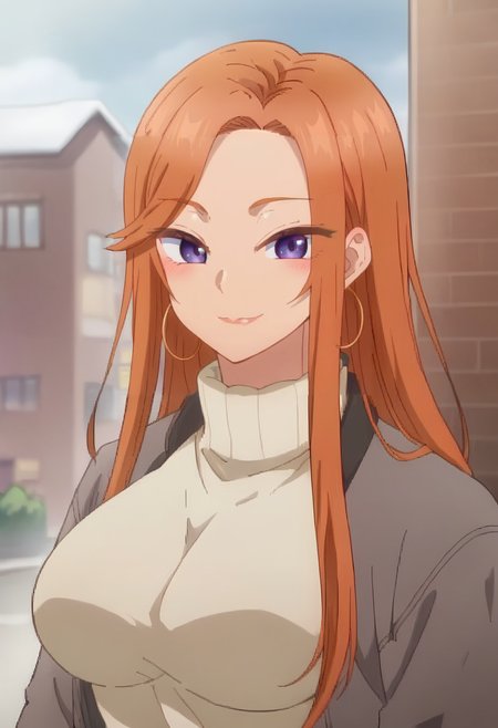 <lora:Fuyuki Mai:0.9> mai fuyuki, long_hair, purple_eyes, orange_hair, 1girl, , solo, smile, blush, large breasts , jewelry, hoop_earrings, , sweater, turtleneck,  upper body, looking at viewer,, score_9, score_8_up, score_7_up, score_6_up, score_5_up, score_4_up , anime coloring ,BREAK source_anime, anime