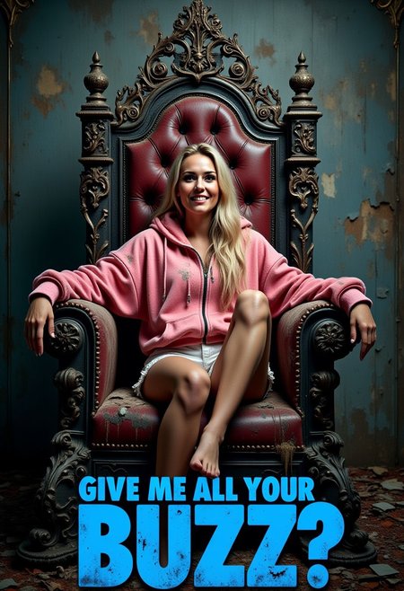 on the bottom of the image bold, blue letters, spell out "Give me all your BUZZ??". wide view on a dirty throne room.  a beautiful blonde woman on a grand decaying throne. woman is wearing dirty oversize pink hoodie and white shorts, reclines lazily, . expression of supreme overconfidence, smug grin. looking at viewer, aidmatextimprover