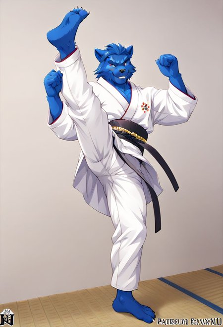 (((Barefoot furry character, full body, cinematic setting, furry male, plantigrade))) 
(((Beast from X-Man))), muscular, beefy, brawny, (((wears white kimono and lonh white pants))), (((performs karate kick))), high kick, lifted leg,  blue fur on entire body
BREAK, detailed background, 8K, (masterpiece:1.5), intricate details, highly detailed, extreme detail, octane render, fine art, best quality, highres, (detailed face:1.5), ((full_body)), UHD, (((perfect hands))), low light