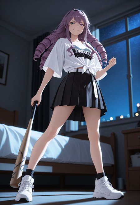 masterpiece,best quality,absurdres,highres,very aesthetic,high quality,detailed,insanely detailed,beautiful,perfect lighting, ,depth of field,blurry background,bokeh, looking at viewer, smile, <lora:Hokaze Junko illu_2:1> 1girl, long hair, purple hair, hairband, purple eyes, drill hair, oversized clothes, oversized shirt, streetwear, indoors, bedroom, batting stance, baseball bat, from side, holding baseball bat, full body, from below, green eyes, tied shirt, white belt, black skirt, pleated skirt, collarbone, nail polish, window, night sky, looking at viewer, v-shaped eyebrows, closed mouth, smirk