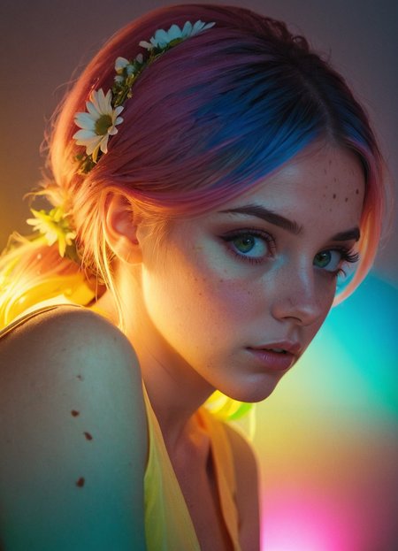 cinematic photo Ombre color scheme of neon pink, neon blue, neon yellow, neon green, neon orange, (semi-real) 32-year-old, middle-aged, woman in summer dress, flowers, anime artwork, grand photograph, Polaroid, annoyed girl, neon glowing hair, canon 5d mark 4, neon light, kodak ektar, feminate, curved lines, elaborate detail, subsurface scattering, ultra hd, 4k, high def, Photorealistic, Hyperrealistic, Hyper detailed, analog style, realistic, masterpiece, best quality, ultra realistic, 8k, Intricate, High Detail, film photography, soft lighting,  heavy shadow <lora:sss:0.8> <lora:add-detail-xl:1> <lora:Cosine_freck:0.33> Freckles, Natural skin <lora:sdxl:0.35> , 35mm photograph, film, bokeh, professional, 4k, highly detailed