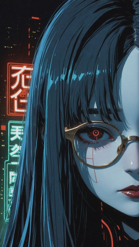 1woman,mysterious, (painterly:1.2, pastel \(medium\):1.3), portrait, <lora:add-detail-xl:1>,
masterpiece,best quality,
black hair, parted bangs, thick eyebrows, dark red lips, round eyewear, gold-framed eyewear, skyline in background, neon lights, pale skin,   
high-contrast lighting, futuristic cyberpunk aesthetic, sleek, modern style, cinematic composition, deep black background, ((neon grading, noen highlights)),
facing viewer, looking at viewer,