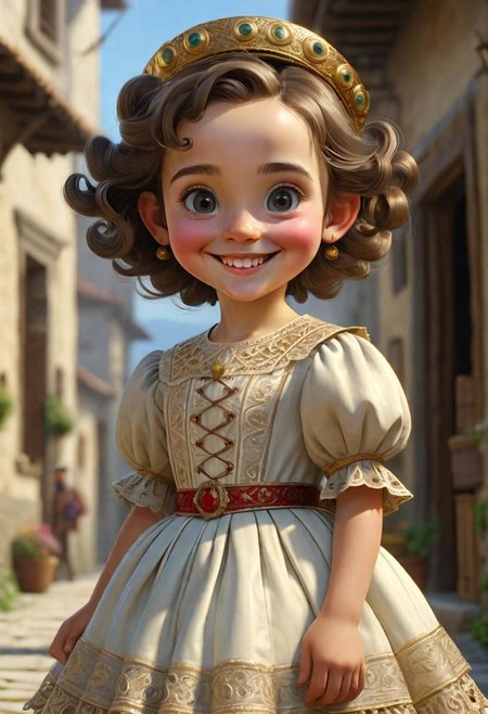 (((masterpiece:1.7))), (((randomly picked cute female child_1.8))), (smiling and happy:1.5),  (full-body shot:2), (randomly picked traditional male costume of Calabria from Arbereshe Community), filigree, 8k, cartoon digital illustration, cute big pixar reflective eyes, unreal engine cinematic smooth, dreamlike, intricate detail, oil on canvas by Mark Ryden, golden ratio, perfect composition, UE5, trending on artstation and cgsociety, soft natural volumetric cinematic perfect light, award-winning photograph, by Anno1313 art style, --chaos