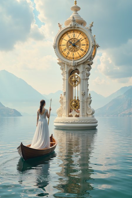 a towering clock made of polished ivory and bronze gears stands in the middle of a vast, glowing lake. A woman dressed in a flowing gown of silver thread paddles a small wooden boat toward the clock, her hand outstretched toward its golden, glowing hands as they slowly turn. The lakeâs surface shimmers with soft, pastel reflections from a sky filled with swirling, iridescent clouds. The clockâs intricate, mechanical details contrast with the smooth, glassy water and the soft folds of the womanâs gown, creating a tactile sense of depth and texture. The boat leaves a trail of gentle ripples behind, and distant mountains loom in the soft haze of the background. A subtle vignette centers on the womanâs yearning gesture, emphasizing the surreal and dreamlike atmosphere of this timeless moment.<lora:aidmaMJ6.1-FLUX-V0.1:0.6><lora:Movie_Portrait><lora:Flux DetailerV2>