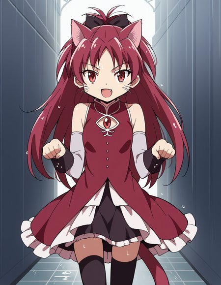 score_9, score_8_up, score_7_up, source_anime, <lora:kyouko-sakura-s1-ponyxl-lora-nochekaiser:1>, kyouko sakura, long hair, red eyes, ponytail, hair bow, red hair,, thighhighs, bare shoulders, detached sleeves, black thighhighs, magical girl,, rainy day, umbrella, walking home, puddles, wet hair, smile, <lora:paw-pose-ponyxl-lora-nochekaiser:1>, paw pose, cat ears, cat tail, animal ears, tail, cat girl, open mouth, fang, whiskers,, looking at viewer, solo,, dutch angle, cowboy shot