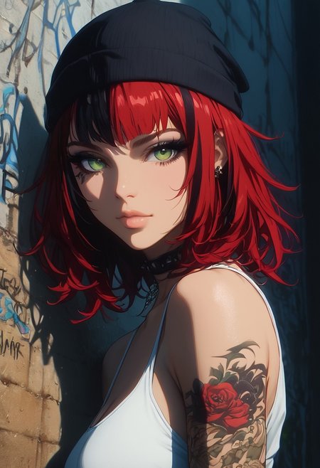 score_9,score_8_up,score_7_up,score_6_up,score_5_up,score_4_up, digital art, female portrait, semi-realistic, GLSHS, high-resolution, 1girl, 21 years old, solo,
detailed, sexy pose,
partially covered in shadow, wall, graffiti on wall, standing in front of wall, leaning, night, red hair. streaked hair, black streaks, close-up, face closeup, wearing a tank top, cargo pants, beanie pendant, pretty girl with medium hair, tattoos, green eyes, makeup, looking at viewer, face focus,