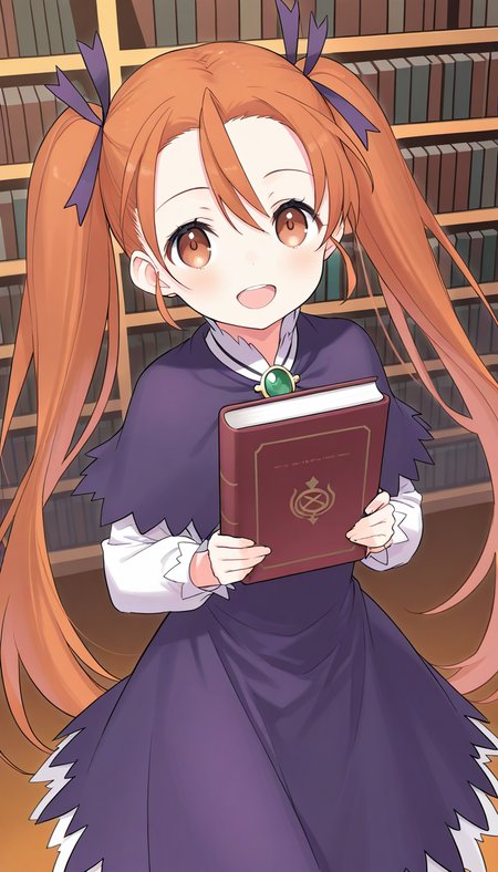 masterpiece, best quality, good quality, <lora:Aliese_Martini_IS:1> Aliese_Martini, 1girl, solo, twintails, long hair, brown eyes, hair ribbon, orange hair, brown hair, short stack,
 1girl, book, solo, smile, open mouth, ribbon, holding book, holding, looking at viewer, capelet, :d, skirt, long sleeves, purple dress,
library,