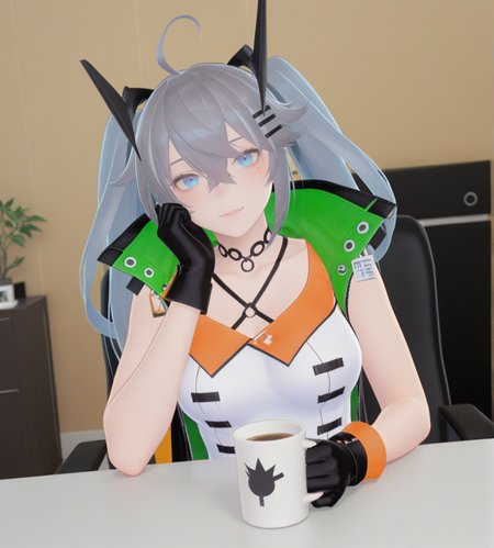 <lora:ã¯ãªãªãã£ã¢Kuoritia:1>,1girl, 
ã¯ãªãªãã£ã¢(Kuoritia),grey hair, twintails, ahoge,crossed bangs,hair between eyes,blue eyes,
hair ornament,headgear,
sleeveless dress,
jacket,black gloves,
single thighhigh,thigh strap,
black boots,
coffee mug, collarbone, crescent, cup, drinking. looking at viewer, mug, print mug, solo, star /(symbol/), upper body, 
very awa, masterpiece, best quality, highres, absurdes,amazing quality,very aesthetic,intricate details, <lora:hand 5.5:1>