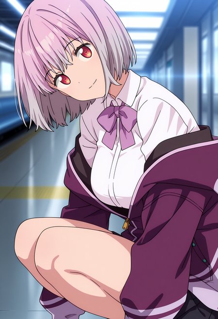 anime screencap, masterpiece, best quality,
<lora:SSSSGridman_ShinjouAkane_IlluXL:0.9>,
1girl, solo, closed mouth, light smile, head tilt,
short hair, gradient hair, pink hair, red eyes,
off-shoulder jacket, purple jacket, partially unzipped, white shirt, purple bowtie, miniskirt, black skirt,
squatting, from side, looking at viewer,
train station, blurry background