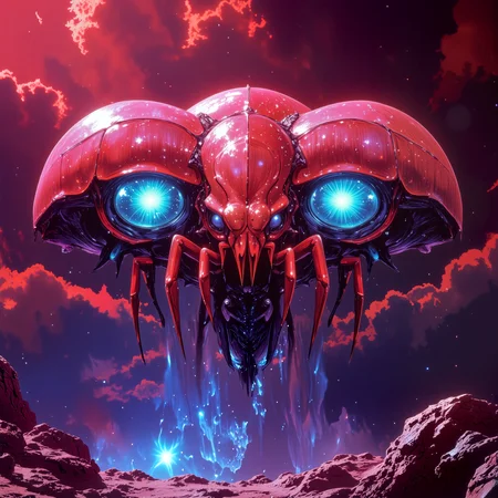 creature focus, full view, very aesthetic, unique and otherworldly scenery on a distant planet, extremely detailed, ultra high resolution, famous artwork inspired by journey to the savage planet and hyper light drifter and thomas baxa and michael kormarck, gothic fantasy style, fractal art, dramatic sky, this image shows the airborne "energetic terrormumbler", an ethereal and enigmatic invertebrate with enormous iridescent, quimbly gas bladders, it navigates the clouds in the dense atmosphere of the tempestuous alien planet "smellysphere" with ethereal, orbflaunching grace, symmetrical anatomy, dappled lighting, golden ratio, the color palette is predominantly scarlet and taupe and anthrazit grey and plum purple, ovg, arsmoviestill, 80s fantasy movie still, <lora:style-alena_aenami-flux-by_tangbohu:0.68> <lora:style-80s_fantasy_movie-v3-flux-by_arsmachina:0.8>