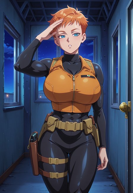 dbstyle, masterpiece, best quality, hyper-Detailed, 1female, solo ((female, fair skin, toned body, orange short hair, pixie hair, blue detailed eyes, big round breasts, muscular tighs)), ((wearing black turtleneck bodysuit with long sleeves, black militar vest with holsters, black tight pants, black legs holsters)), saluting with an open hand on the forehead, paying attention, inside a military barracks, night