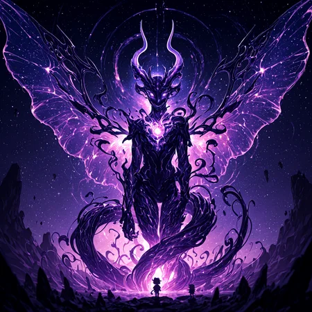 smooth quality, HDR, 8K, masterpiece, best quality, amazing quality, very aesthetic, absurdres, newest, (scenery, volumetric lighting),depth of field, chibi, colossal celestial beast, serpentine and draconic form, shimmering obsidian and amethyst scales, radiant cosmic veins pulsing with nebula energy, piercing white-hot singularity eyes, shifting translucent wings of pure starlight, undulating tendrils of astral mist, fragmented crystalline horns, ethereal golden sigils carved into its armored hide, swirling black-hole core within its chest, backdrop of a collapsing supernova, nebula storm in deep violet and indigo, cascading trails of stardust, reality-distorting presence, soft yet overwhelming radiance, cinematic divine glow, ultra-detailed cosmic textures, infinite abyssal depth. <lora:add-detail-xl:2> <lora:illustrious_quality_modifiers_masterpieces_v1:1>