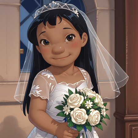 score_9, score_8, score_7, break, solo, lilo_pelekai, dark skin, black hair, long hair, black eyes, wedding dress, bouquet, looking at viewer, blush, smile, chapel