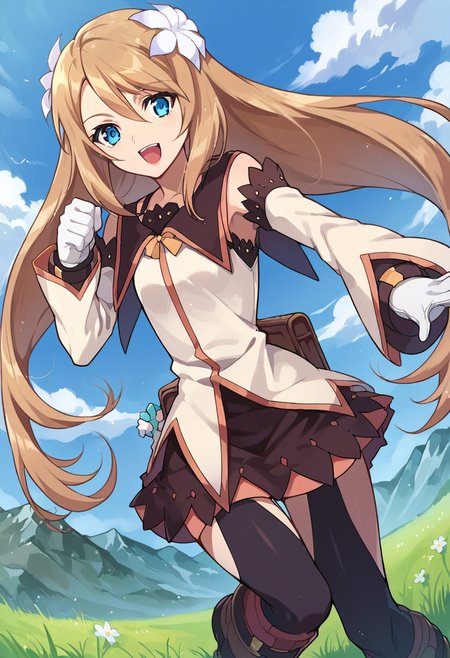 score_9,score_8_up,score_7_up,source_anime,zPDXL3,outdoors,day,cloud,blue sky,grass,field,mountain,
*//*,<lora:MartaLualdi-Pony:1>,martalualdi,1girl,solo,long hair,brown hair,blue eyes,hair ornament,hair flower,flower,knee boots,gloves,detached sleeves,skirt,black thighhighs,bag,
*//*,looking at viewer,cowboy shot,dutch angle,dynamic pose,smile,