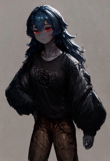 score_9, score_8_up, score_7_up, score_6_up,  1 female,
perspective. perspective from up, looking too the side.
 fit female, skinny body,  anime lips, opened mounth, femine body type.  
 gray skin color, red eyes color, dark-blue hair color,  biceps
 (haircut-short) 
 beautiful eyes, expressive eyes, slit pupils,
scars from cuts on biceps,
clother=brown cargo pants,t-shirt,dark long jacket.
NEGATIVE_HANDS