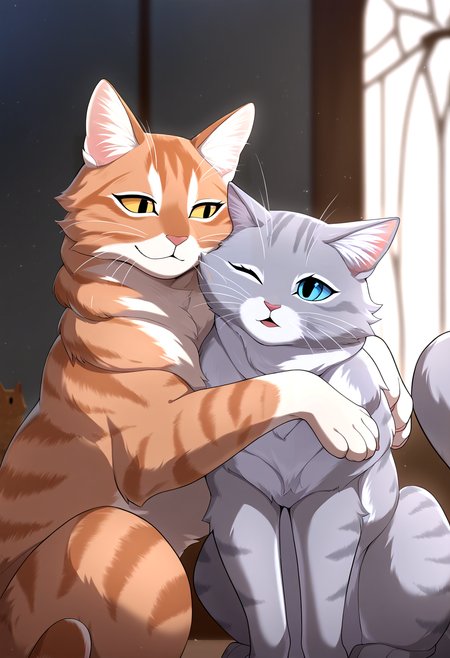 very awa, masterpiece, best quality, year 2024, newest, highres, absurdres, <lora:age_slider_v4:3> <lora:thicc_v1.4-pony:1.2>,detailed_background,indoors,no humans,brother and sister,animal focus,brown cat,briarlight,grey cat,brown fur,siblings,blue eyes,looking at another,sitting,warrior cats,smile,grey fur,cat,bumblestripe,whiskers,fugu \(fugusunburst55\),one eye closed,:3,open mouth,yellow eyes,animal,omen of the stars,highres,hug