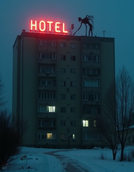 Soviet style apartment, windows lit up, foggy slightly covering the building, snow on ground, winter night, on top is red LED sign that says H O T E L, but the letter E is turned off.  Also on top is a large dark figure with long arms and legs and skinny body climbing on the side of the structure,  <lora:Dark Cinematic:1> DRK