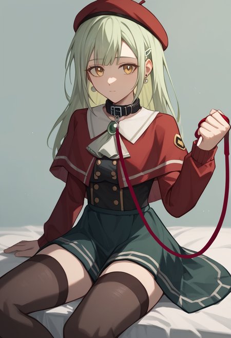 score_9,score_8_up,score_7_up,<lora:wakaba_mutsumi_tomori_pony_v1:1>,earrings, art_program_in_frame, looking_at_viewer, red_beret, chinese_commentary, procreate_\(medium\), sitting, white_ascot, procreate_\(software\), holding_own_leash, highres, unfinished, solo, commentary_request, black_skirt, 1girl, long_sleeves, red_capelet, black_thighhighs, wakaba_mutsumi, black_collar, green_brooch
