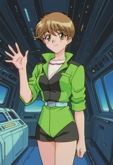masterpiece, best quality, retro anime, cowboy shot, smile, 1girl, solo, injuannie, short hair, brown hair, medium breasts, jacket, shirt, sleeves rolled up, belt, shorts, hand up, waving, spaceship, interior, 