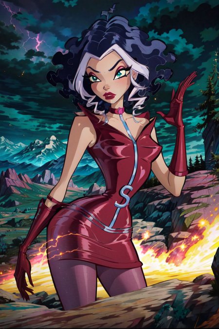 (Stormy), (blue hair), white hair strands, short curly hair, green eyes, (WitchOutfit), choker, red eye makeup, red lips, red dress, pink pantyhose, red boots, gloves, (lightning in the background, mountains, storming, storms), (realistic:1.2), (masterpiece:1.2), (full-body-shot:1),(Cowboy-shot:1.2), neon lighting, dark romantic lighting, (highly detailed:1.2),(detailed face:1.2), (gradients), colorful, detailed eyes, (detailed landscape:1.2), (natural lighting:1.2), close shot, solo, <lora:WinxClubStormy-10:0.9> <lora:add_detail:0.3> <lora:BeautifulEyes:0.6> <lora:WinxComiss_Style-15:0.75>