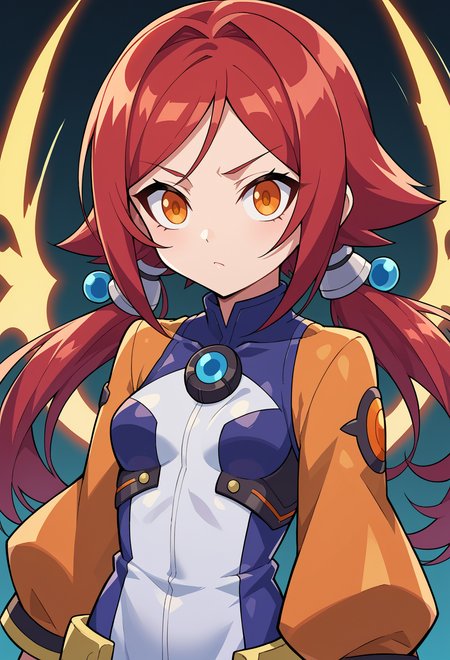 score_9, score_7_up, source_anime, BREAK   <lora:GunvoltMain:1> Azure Striker Gunvolt(Main),, 1girl, red hair, orange eyes, amber eyes, tsurime, swept bangs, parted bangs, low twintails, short hair, medium hair, small breasts,