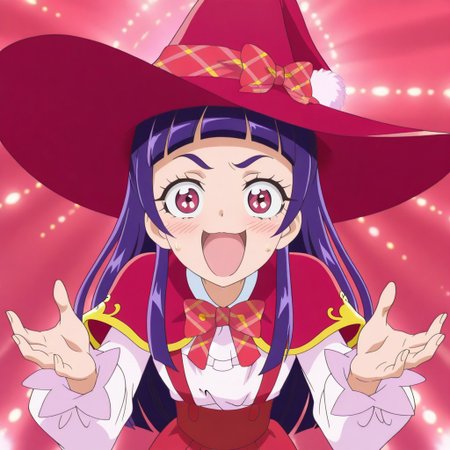 anime screencap, high definition,amazing quality,best quality,very aesthetic,masterpiece,absurdres, BREAK 
upper body, 1girl, solo, izayoiriko, pink eyes, purple hair, school uniform, witch, red witch hat, plaid bow, capelet, evil smile, open mouth, blush, looking at viewer, medium breasts, 
open arms, open hands, hunchback, leaning forward, radial light panel, umai!, meme,