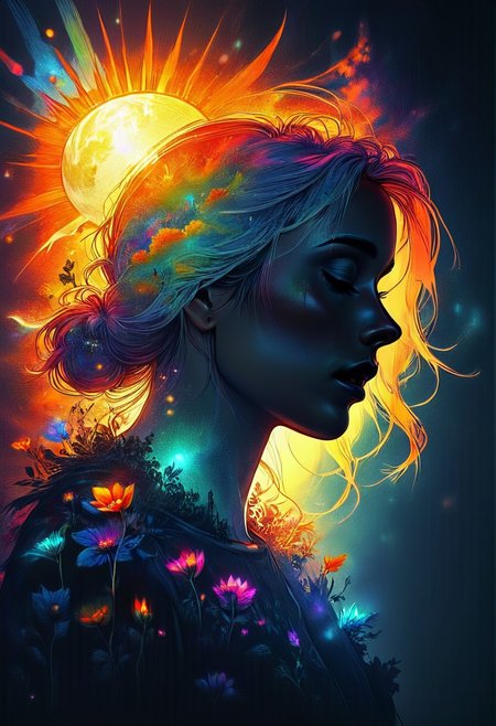 Complex background, sun, sunlight, wonder, ethereal magical atmosphere, dynamic, girlfriend, 1 girl, haute couture, vivid, backlight colors, silhouette colors, cosmic frame, black background, portrait, photo, closed eyes, cinematic perfect, intricate, stunning fine details,
ultra-sharp, exquisite details, flawless composition, vivid colors, masterpiece, exciting background. , High Definition HD, high details, perfect composition, 
best quality, ultra-detailed, very aesthetic, illustration, perfect composition, intricate details, absurd, atmospheric lighting, streaks of light, vibrant colors, very detailed, midjourneyv6.1, detail background, perfection, double exposure, Jed-dblexpsre effect