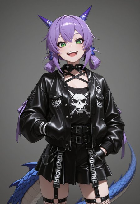 masterpiece,best quality,absurdres,highres,very aesthetic,high quality,detailed,insanely detailed,beautiful,
, <lora:Flatorte illu:0.9> 1girl, purple hair, long hair, green eyes, hair ornament, dragon girl, dragon tail,
((punk outfit,)), smile, open jacket, hand on pocket, goth eyeliner, open mouth, full teeth