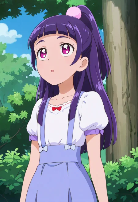 masterpiece, best quality, absurdres, very aesthetic, general,
izayoi liko, csalsmmr, anime screencap, 1girl, solo, purple hair, purple eyes, ponytail, open mouth, white shirt, suspender skirt, outdoors, looking at viewer, :o, shiny hair, collarbone, blunt bangs, day, puffy short sleeves, purple skirt, blue skirt, upper body, eyelashes, pink eyes, blue sky, standing, white bow, cloud, parted lips, high ponytail, sidelocks, bush, half updo, tree, hair ornament, bright pupils, high-waist skirt, cowboy shot, looking up, blouse, shirt tucked in, white pupils, arms at sides, dress, flat chest, white blouse, very long hair, anime coloring, red bow, purple bow, pom pom hair ornament
<lora:cure_magical_izayoi_liko_illustXL_locon_v1:0.7>