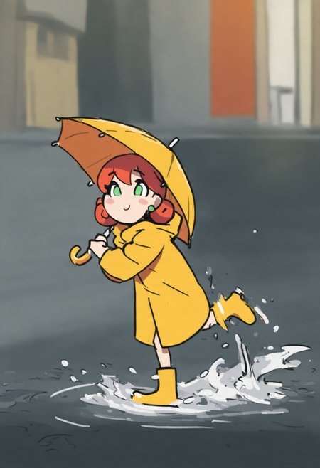 masterpiece, best quality, solo, 1girl,  <lora:NSPennyStardewIllu:1> NSPennyBase, green eyes, medium hair, red hair, curly hair, green stud earrings, yellow raincoat, puddle, splashing, rain, happy, city, yellow umbrella, blush stickers, yellow footwear