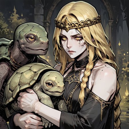 masterpiece, best quality, newest, absurdres, highres, TTCSV1.0, MTDPV1.0, turtle, tortoise, hat, mitre, white headwear, oversized animal 
BREAK
1girl, queen marika the eternal (elden ring), bare shoulders, black dress, circlet, gold circlet, cracked skin, halter dress, halterneck, long hair, yellow eyes, braid, braided hair, long braid, blonde, blonde hair, hugg, hugging animal, hugging turtle,