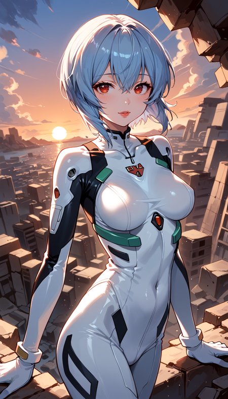 score_9, score_8_up, score_7_up, Anime Style, Cowboy Shot, Ayanami Rei, cute, seductive, innocent, light smile:0.3, plump lips, slender body, red eyes, short light blue hair, floating hair, white plugsuit, sunset, rubble in the background, depth of field, dynamic angle, fashion photography, sharp, hyperdetailed:1.15