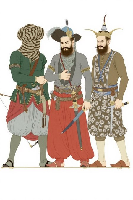 olgadugina1 illustration. 
Three Middle Eastern men in traditional Arabian attire each hold different objects. The left figure wears green with a striped head covering, carrying a bow and holding a dagger. The middle figure wears gray and red with a large hat, carrying a long sword. The right figure wears brown with floral patterns and a horned headpiece, holding two daggers. The background is plain. <lora:olgadugina2_cap_d6a3e9:1.0><lora:858114543803435385:0>