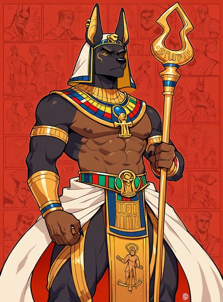 score_9, score_8_up, score_7_up, Anubis, gold accents, 1man, jackal boy,  bullypxl, comic wallpaper, <lora:bullypxl:0.8>, red background, Egyptian god,  outline, headdress, scepter,