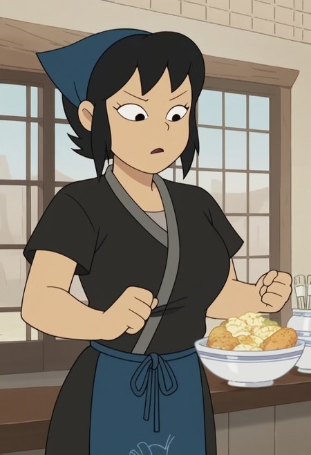score_9, score_8_up, score_7_up, source_anime, anime screencap,  kazumi watanabe, 1girl, solo, black hair, short hair, black eyes,large breasts, apron, japanese clothes, kimono, black shirt, shirt,head scarf,short sleeves, indoor, sexy pose,