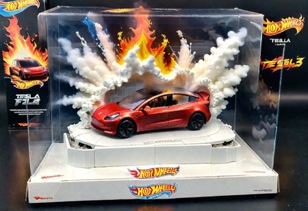 Hot Wheels toy car company have made a toy car version of a Tesla Model 3, The toy telsa model 3 car comes in a mini display unit/box. The car is exploding into fire and flames, white smoke fills the top of the display box, (realistic explosion from car), (realistic Flames bellow from the car windows inside the display unit),  (standing next to the car is a little palstic toy man, he holds both arms in the air,