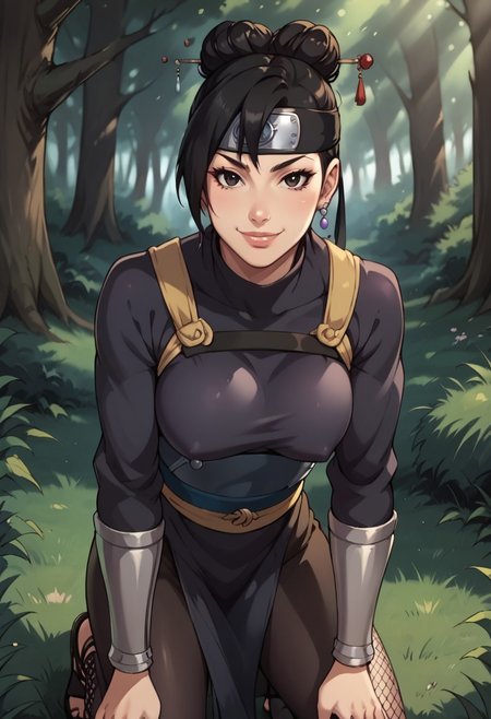 KoharuUtataneNS, 1girl, solo, beautiful kunoichi, dark eyes, black hair, short hair, hair is pulled back, twin bun, hairpin with two pearls dangling, hair ornament, forehead protector, earrings,  large breast, lips,  shinobi outfit, simple black outfit, breastplate, arm guards, fishnet tights, skirt, pouch strapped to her back, bandages, sandals, jewelry, konohagakure symbol on protector, sash, long sleeves,
seductive pose, sexy pose, tease,  in the spotlight,,
smile,forest,leaning forward,hanging breasts,,
score_9, score_8_up, score_7_up, beautiful aesthetic, very intricate, high quality details,vibrant, highly detailed, award-winning, professional,anime artwork, anime style, studio anime, athletic, curvy body, athletic girl, perky tits,large breast,perfect tits, round breasts, nipple outline,looking at viewer, pinup pose,teasing, dynamic lighting, cinematic, smug, better than you, aura of temptation, highly detailed, high resolution, masterpiece, detailed clother, detailed background, highly detailed, ((sound effects)) comic layout,
