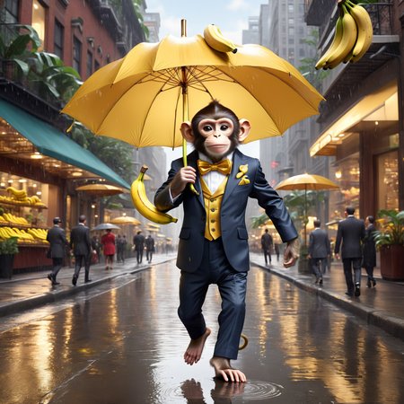 Dapper (monkey:1.3), wearing a (tailored suit:1.4), (monocle:1.5), and (bow tie), striding confidently along the (city streets), holding a polished (cane), (golden bananas:1.4) spiraling and tumbling from the cloudy skies, cascading upon the (wet pavement:1.2), pedestrians dodging and reaching for the glistening fruits, reflections of neon lights in puddles, droplets splashing from landing bananas, (umbrella-toting people), cars swerving, a scene of whimsical wonder and dynamic motion in the urban jungle.
masterpiece, best quality, detailed, realistic, 8k UHD, high quality, lifelike, precise, vibrant, absurdres, SimplepositiveXLv1