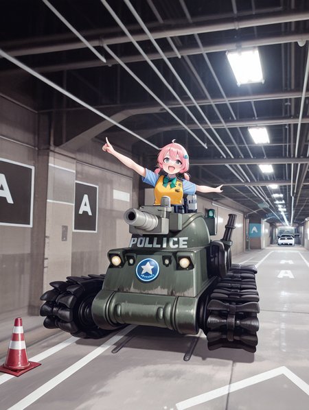 masterpiece,best quality,newest,
1girl,solo,
<lora:mpl_ilxl_v1.1>,m_p_l,car,ground vehicle,road sign,traffic cone,vanishing point,high ceiling,<lora:Fixhands_anime_bdsqlsz_V1:1>,<lora:momo_ilxl_v1.8:1>,momo,pink hair,low twintails,purple eyes,h_o,hair ornaments,m_clothes,short sleeve blouse,yellow vest,green bowtie,upper_body,<lora:IL_bonaparte_tank:1>,d_bn,bonaparte /(tank/),turret,cannon,minigun,smoke projector,left-air intake,police,emblem,star \(symbol\),caterpillar tracks,laughing,outstretched arm,pointing,