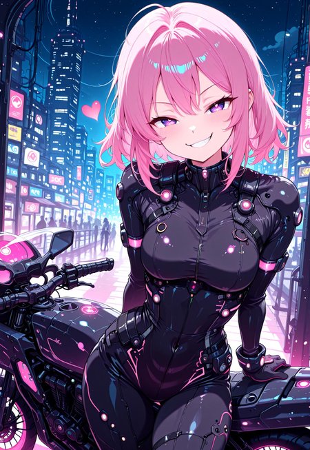 masterpiece, best quality, newest, absurdres, highres, anime,
zzCitronLegacy, eye reflection, CivChan, pink hair, purple eyes, heart, 1girl, blush, smile, smug, grin, looking at viewer, bodysuit, gloves, neon glow, city night, dutch angle, cowboy shot, solo, in the style of cknc, standing, leaning back on motorcycle, hi-tech, sci-fi, 