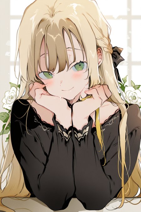 masterpiece, best quality, amazing quality,
 <lora:Nonoyama_IL:1> nonoyama, 1girl, blonde hair, green eyes, braid, long hair, solo, smile, flower, blush, looking at viewer, upper body, bangs, white flower, closed mouth, black shirt, long sleeves, rose