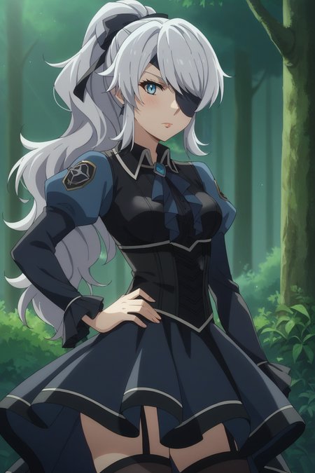 score_9, score_8_up, score_7_up, source_anime, 1girl, prefect lighting, very aesthetic, intricate details, highly detailed background, masterpiece, high quality, prefect hands, best quality, solo,
<lora:No4_Nier_V1:.85>, kjono4, white hair, long hair, light blue eyes, eyepatch, hair bow, high ponytail, swept bangs, lipgloss, 
black dress, collared shirt, frilled short dress, puffy sleeves, long sleeves, black thighhighs, 
hand on own hip, head tilt, blush, serious, 
outdoors, forest, sunbeam, 
(Beautiful, medium Breasts:1.2), natural breasts,